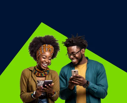 Two African adults, a man in a teal shirt and a woman with patterned headband, smiling and using smartphones together against a vibrant green background. 1