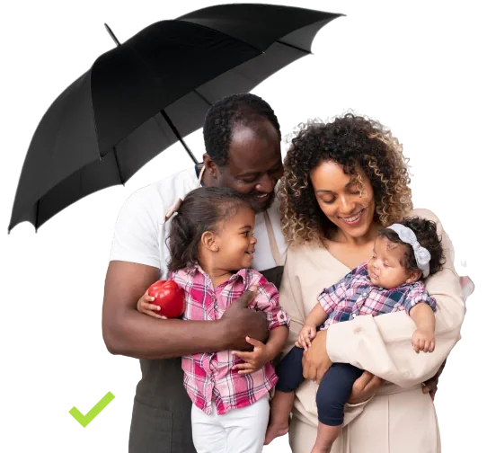 insurance-funeral-cover family smiling at one another under a black umbrella
